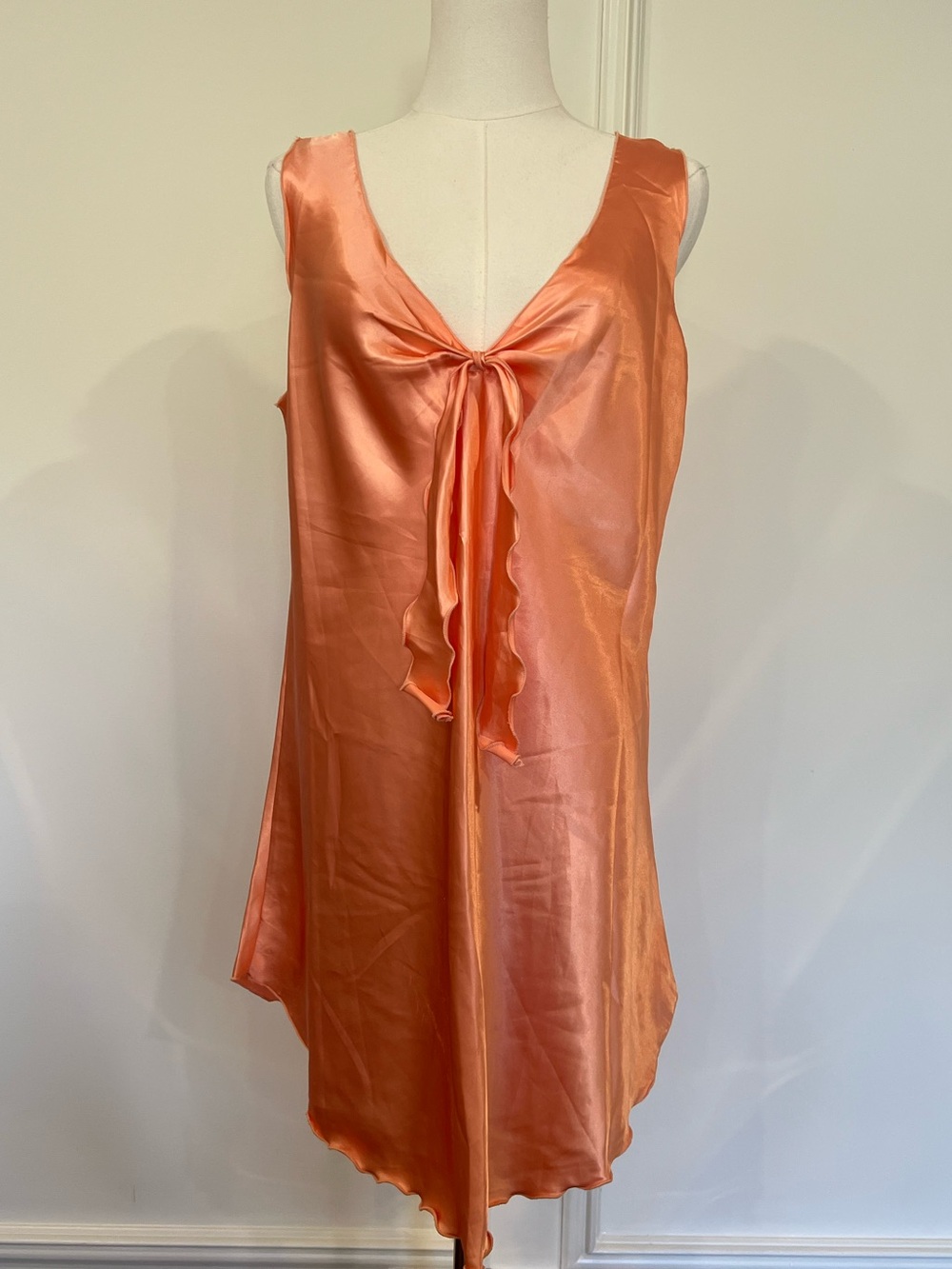Y2K Peach Satin Tie Front Slip Dress Chemise Coquette Lingerie Nightgown Sz L